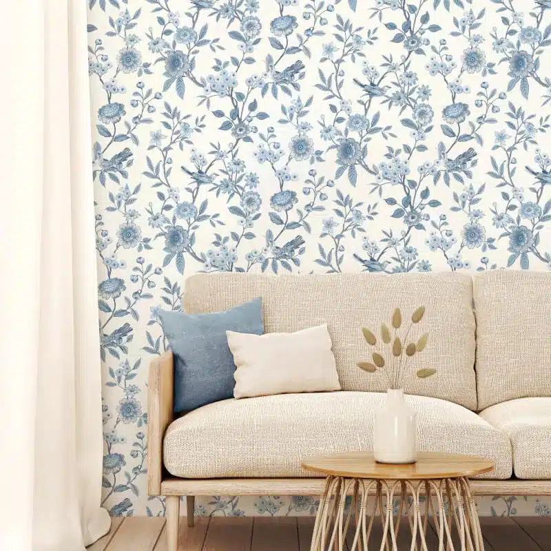 Eleanor Floral Birds Blue Wallpaper
